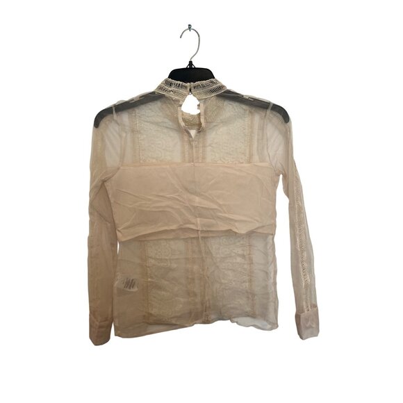 Sheer Beige Long Sleeve Lace Blouse With High Neckline & Button Back Closure - Picture 2 of 3
